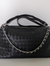 Black Grid Woven Rectangular Slouch Pouch With Full Top Zip, Mixed Metal Link Strand And Wide Flat Hanging Fitting