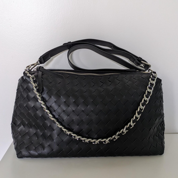 Black Grid Woven Rectangular Slouch Pouch With Full Top Zip, Mixed Metal Link Strand And Wide Flat Hanging Fitting
