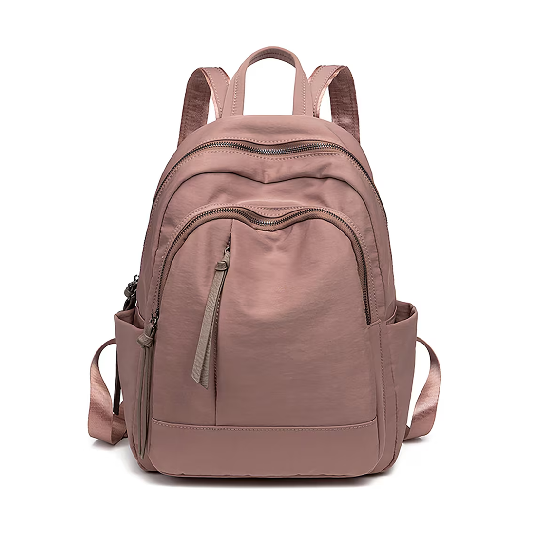 Rounded Multi-Zip Backpack With Neutral Tassel Pulls, Side Slip Pockets And Integrated Top Carry Loop