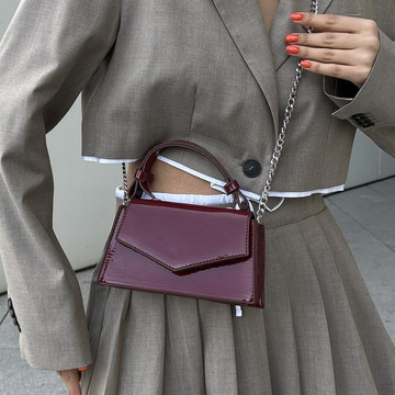 Glossy Burgundy Compact Envelope Mini Pouch With Curved Hand Tabs And Polished Silver Metal Link Strand