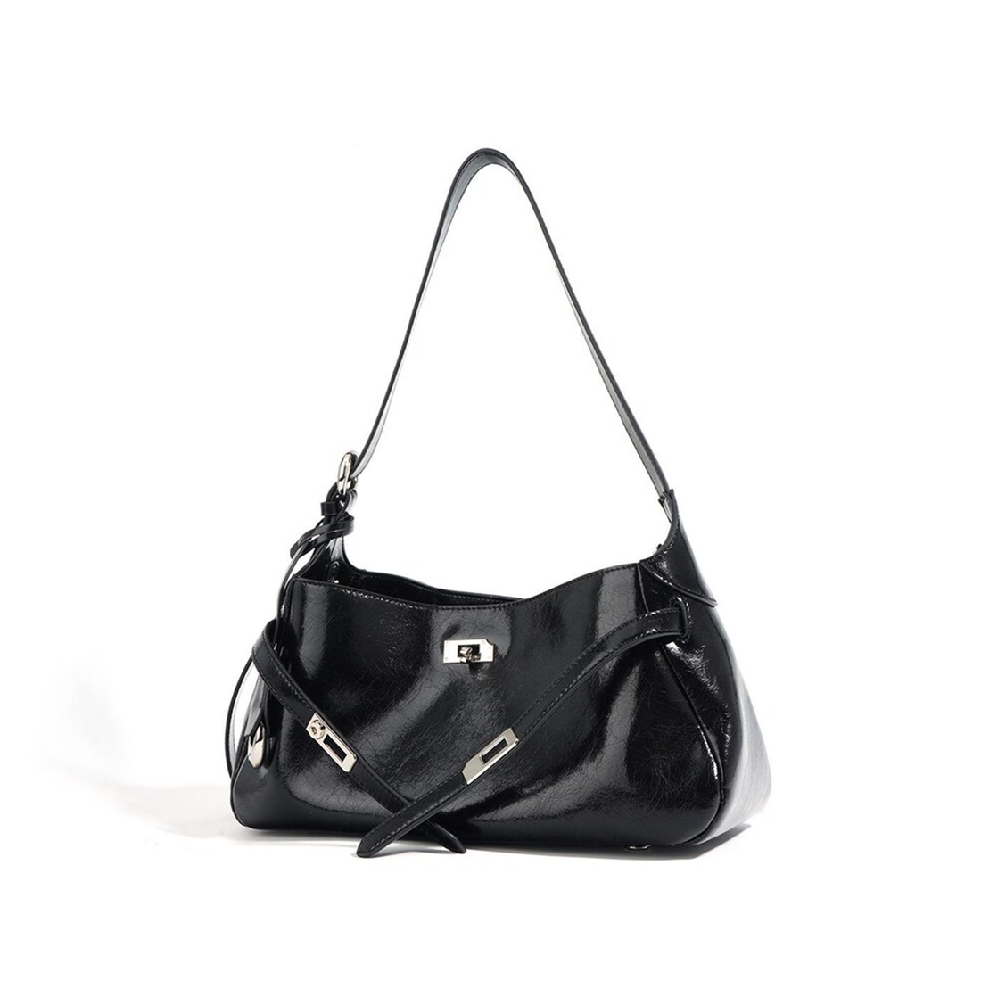 Glossy Tone Tapered Baguette Shoulder Pouch With Central Twist Lock Clasp, Diagonal Decor Strap And Silver Swivel Grip Hardware