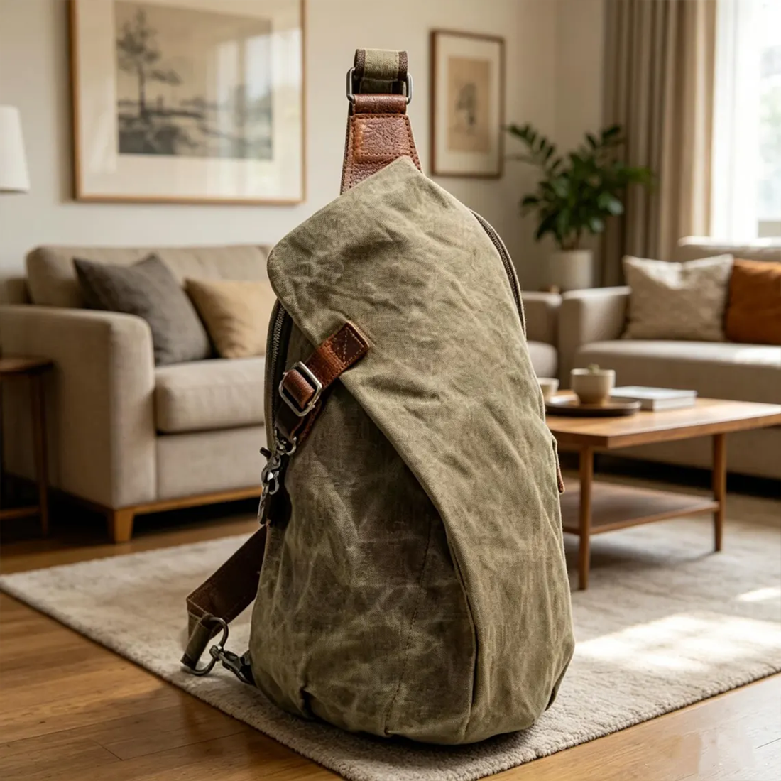 Textured Teardrop Sling Pack With Brown Accent Buckle Strips And Curved Full Edge Zip Closure