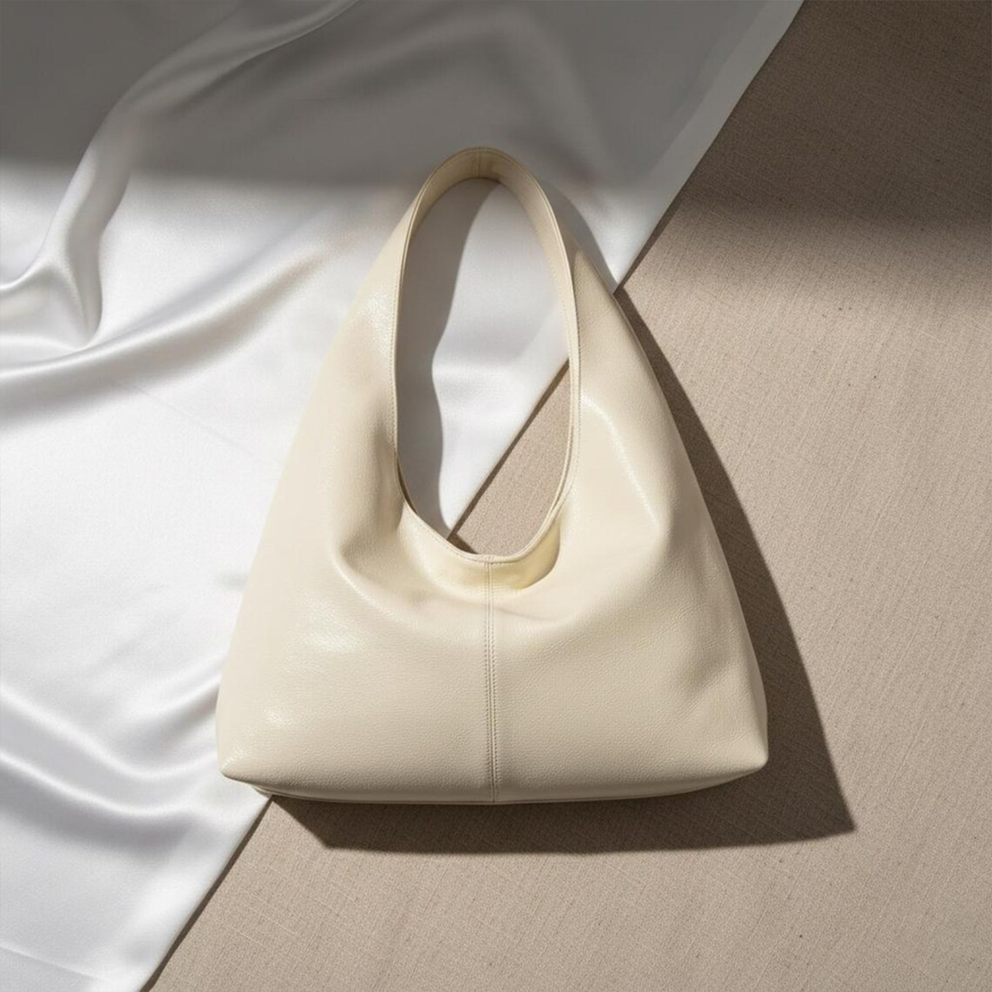 Oversized Triangular Hobo Pouch With Central Vertical Stitch Seam And Integrated Curved Underarm Grip Loop