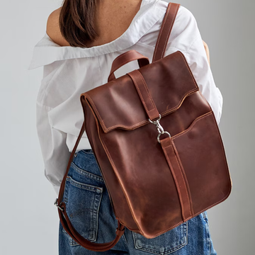 Chestnut Vintage Rectangular Flap Backpack With Interlocking Ring Fastener, Front Slip Pocket And Integrated Top Hand Loop
